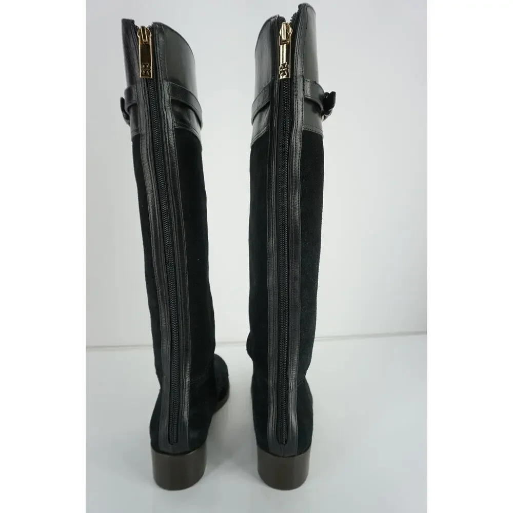 Tory Burch Black Suede Jenna Logo Tall Knee Riding Boots New
